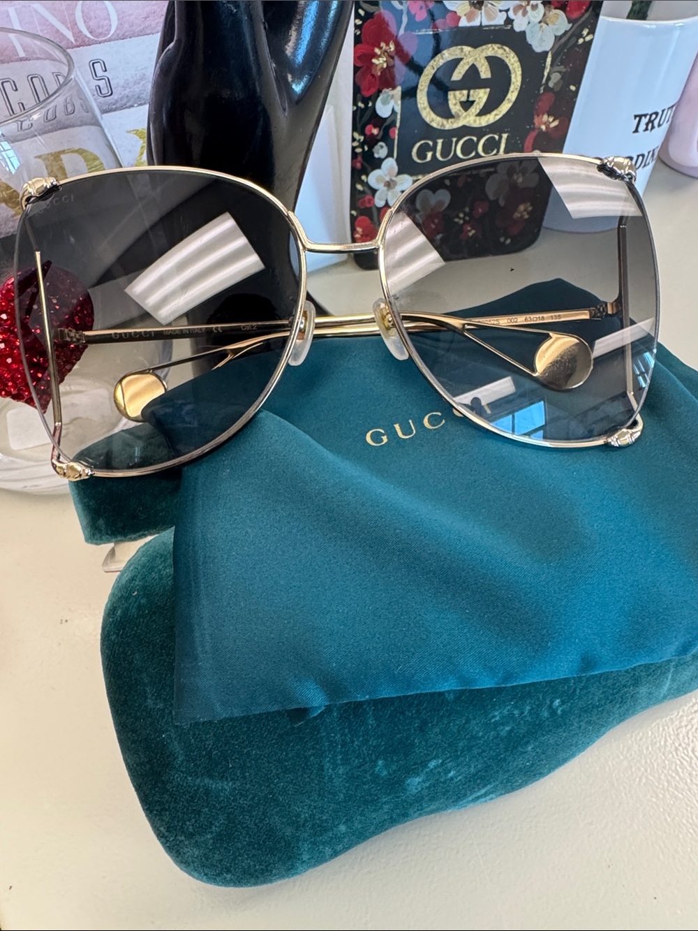 Gucci Gold Metal Frame Sunglasses with Gradient Gray Lenses with Pearl Accents